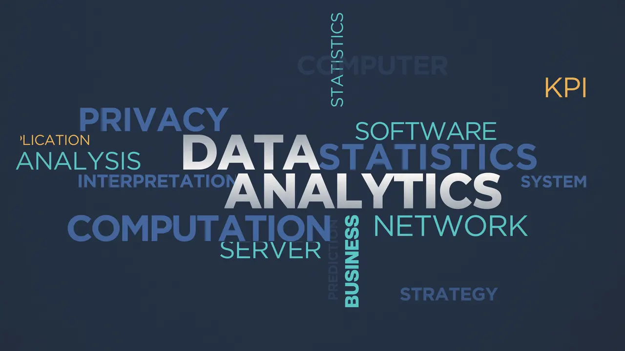 A word cloud of data analytics terms on a dark background